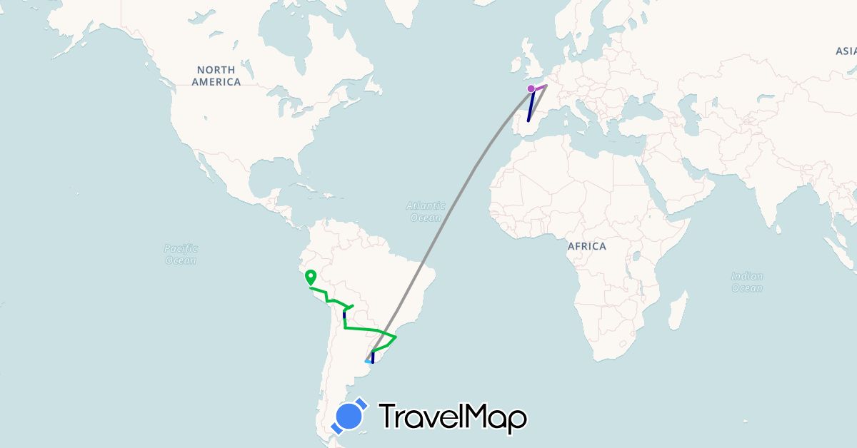TravelMap itinerary: driving, bus, plane, train, boat in Argentina, Bolivia, Brazil, Spain, France, Peru, Paraguay, Uruguay (Europe, South America)